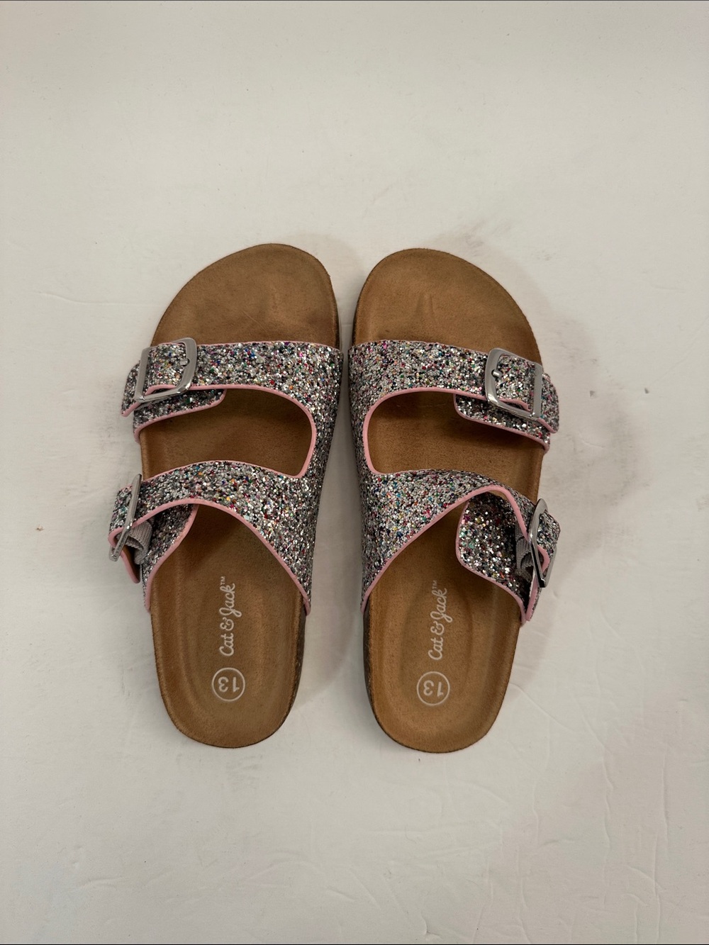 Cat & Jack Girls Glitter Double Buckle Sandals Pink Trim Size 13